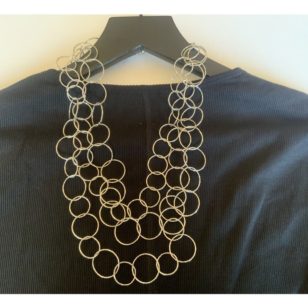 Silver Tone Multi Strand Circle Link Statement Necklace Textured Geometric